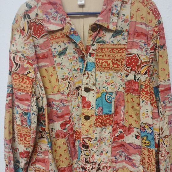 Fall Quilt Patchwork 2x Floral Button Front Shirt Jacket Coat Blazer C Banks - Picture 7 of 8